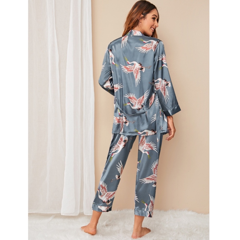 Satin 3 Piece Pajama Pant Set in Grey - Picture 3 of 7
